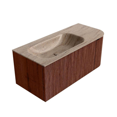 MONDIAZ KURVE-DLUX Meuble de salle de bains 105cm arrondi à droite couleur Ruby avec 1 tiroir et 1 porte. Lavabo BIG SMALL gauche sans trou de robinet Saba.