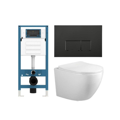 FugaFlow Eccelente Press Toiletset - 48.5x36x32cm - diepspoel - spoelrandloos - inbouwreservoir - softclose - quickrelease - toiletzitting - mat zwarte metalen bedieningsplaat - rechthoekige knoppen - wit