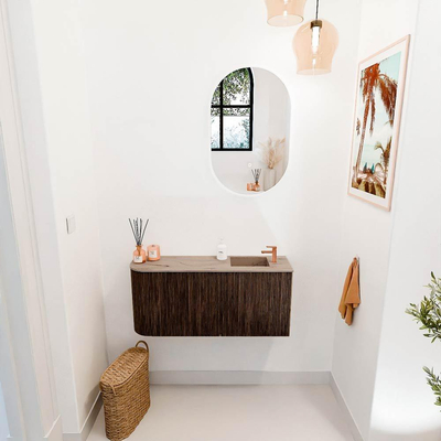 Mondiaz JOYA-DLUX 91.6cm toiletmeubel - ronding links kleur Walnut - Wastafel FAYE positie Rechts 1 kraangat kleur Arena.