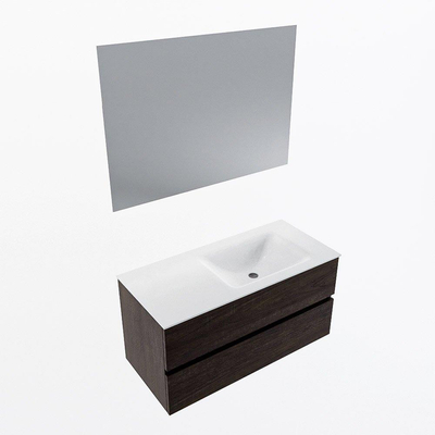 Mondiaz VICA ensemble de meuble de salle de bain - 100cm - meuble sous-vasque marron foncé - 2 tiroirs - lavabo cloud droite - 1 trou de robinet - couleur talc - miroir LED - version XL 60cm de haut