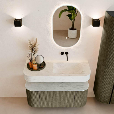 MONDIAZ THOR-DLUX 110cm meuble de salle de bains arrondi gauche + droite couleur Shadow avec 1 tiroir et 2 portes. Vasque suspendue CLOUD Droite sans trou de robinet couleur Opalo.