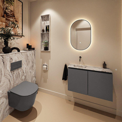MONDIAZ TURE-DLUX Meuble toilette - 80cm - Dark Grey - EDEN - vasque Glace - position gauche - sans trou de robinet