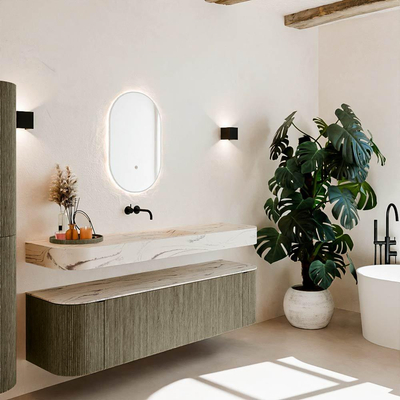 MONDIAZ THOR-DLUX Meuble de salle de bains 170cm arrondi gauche + droite couleur Shadow avec 1 tiroir et 2 portes. Vasque suspendue CLOUD Milieu sans trou de robinet couleur Nata.