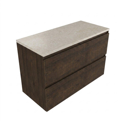 Saniclass Holz Atelier Ensemble de meubles de salle de bains - 100x45x63cm - Plan de toilette en pierre naturelle travertin - sans trou de robinetterie - 2 tiroirs - chêne charcoal mat (bois)