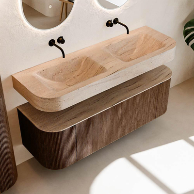 MONDIAZ THOR-DLUX 140cm meuble de salle de bains arrondi gauche + droite couleur Walnut avec 1 tiroir et 2 portes. Vasque suspendue CLOUD Double sans trou de robinet couleur Saba.