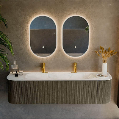 Mondiaz KURVE-DLUX Badkamermeubelset - 170x46x40cm - 1 lade - 2 deuren - wastafel solid surface - midden - 2 kraangaten - Shadow