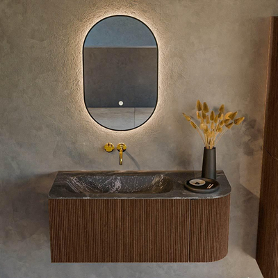 MONDIAZ KURVE-DLUX 105cm badmeubel met module 25 R kleur Walnut met 1 lade en 1 deur. Wastafel BIG SMALL links zonder kraangat kleur Lava.