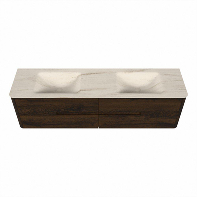Mondiaz CIRO-DLUX Badkamermeubelset - 180x45x50cm - Solid surface wastafel Meli - 2 wasbak Dubbel - zonder kraangaten - 4 lades - Walnut