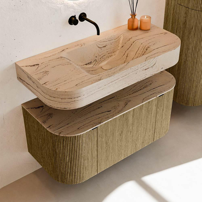 MONDIAZ THOR-DLUX 100cm meuble de salle de bains arrondi gauche + droite couleur Dusk avec 1 tiroir et 2 portes. Vasque suspendue CLOUD Milieu sans trou de robinet couleur Arena.