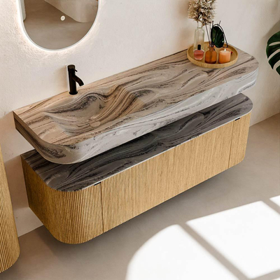 MONDIAZ THOR-DLUX 150cm meuble de salle de bains arrondi gauche + droite couleur Oak avec 1 tiroir et 2 portes. Vasque suspendue CLOUD Gauche 1 trou de robinet couleur Sombra.