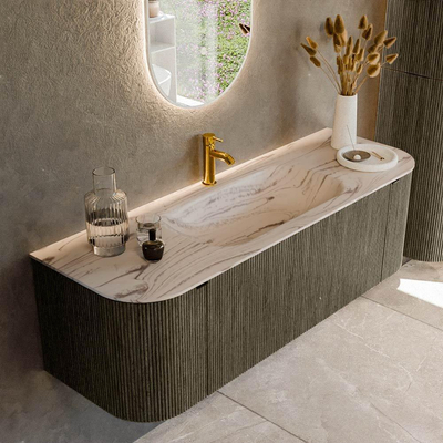 MONDIAZ KURVE-DLUX Meuble de salle de bains 140cm arrondi Gauche + Droite couleur Shadow avec 1 tiroir et 2 portes. Lavabo BIG SMALL Central 1 trou de robinet Nata.