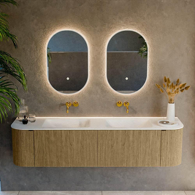 Mondiaz KURVE Badkamermeubelset - 180x46x40cm - 2 lade - 2 deuren - wastafel solid surface - dubbel - zonder kraangat - Dusk