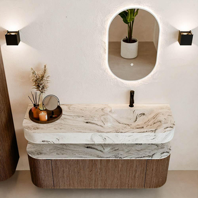 MONDIAZ THOR-DLUX 140cm meuble de salle de bains arrondi gauche + droite couleur Walnut avec 1 tiroir et 2 portes. Vasque suspendue CLOUD droite 1 trou de robinet couleur Glace.