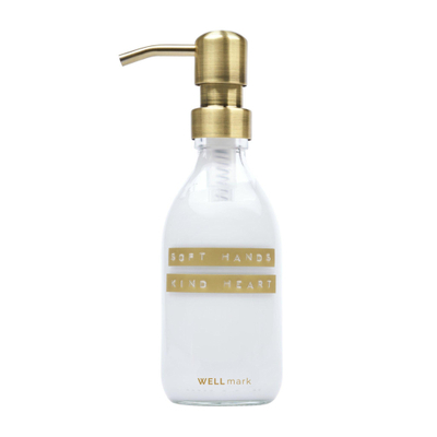 Wellmark Handcreme helder glas messing pomp 250ml tekst SOFT HANDS KIND HEART Bronze label