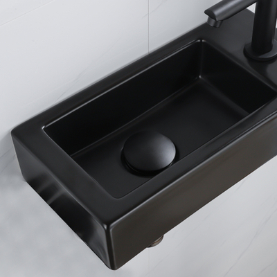 QeramiQ Lave-mains Kit lave-mains - 37.5x18.5x9cm - céramique - trou de robinet à droite - robinet lave-mains noir mat - bonde de vidage - siphon abaissé - Noir Mat