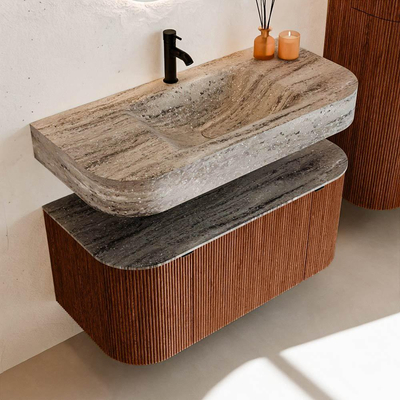 MONDIAZ THOR-DLUX 100cm meuble de salle de bains arrondi gauche + droite couleur Ruby avec 1 tiroir et 2 portes. Vasque suspendue CLOUD Milieu 1 trou de robinet couleur Oza.