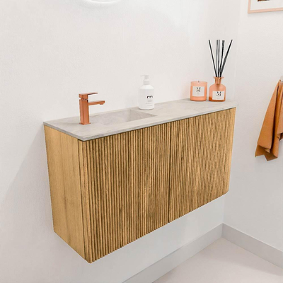 Mondiaz JOYA-DLUX 81.6cm toiletmeubel - ronding rechts kleur Oak - Wastafel FAYE positie Links 1 kraangat kleur Ostra.