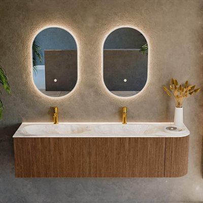 MONDIAZ KURVE-DLUX 165cm Meuble salle de bain avec module 25 D - couleur Walnut - 2 tiroirs - 1 porte - vasque STOR SMALL double / gauche - 2 trous de robinet - couleur Frappe