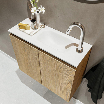 MONDIAZ TURE Kit lave-mains - 60x23x50cm - 1 trou de robinet - 2 portes - chêne blanchi mat - Lavabo à droite - Solid Surface Blanc