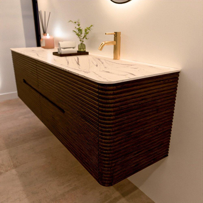 Mondiaz CIRO-DLUX Ensemble de meubles de salle de bains - 170x45x50cm - Vasque solid surface Nata - 1 lavabo à droite - 1 trou de robinet - 4 tiroirs - Noyer