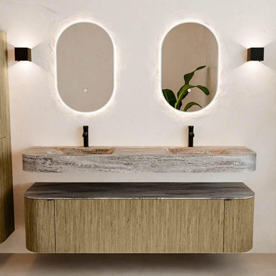 MONDIAZ THOR-DLUX 170cm meuble de salle de bains arrondi gauche + droite couleur Dusk avec 1 tiroir et 2 portes. Vasque suspendue CLOUD Double 2 trous de robinet couleur Oza.