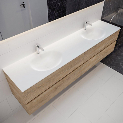 MONDIAZ VICA Badkamermeubelset - 200cm - 4 lades - wasbak Moon dubbel - 2 kraangaten - solid surface washed oak