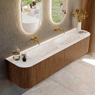 MONDIAZ KURVE-DLUX 190cm Meuble salle de bain avec module 25 G et D - couleur Walnut - 2 tiroirs - 2 portes - vasque STOR SMALL double - sans trou de robinet - couleur Ostra