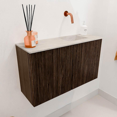 Mondiaz JOYA-DLUX 70cm toiletmeubel - kleur Walnut - Wastafel FAYE positie Rechts Zonder kraangat kleur Ostra.