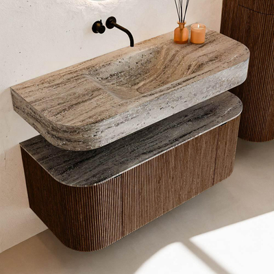 MONDIAZ THOR-DLUX 110cm badmeubel ronding links + rechts kleur Walnut met 1 lade en 2 deuren. Vrijhangende wastafel CLOUD Midden zonder kraangat kleur Oza.