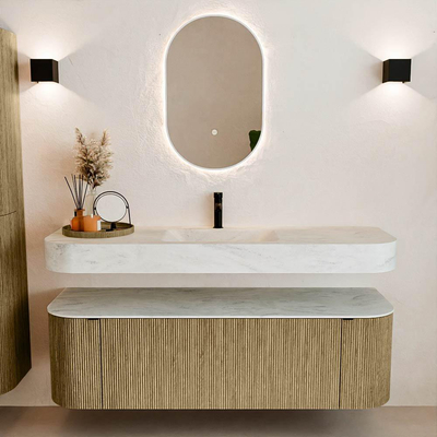 MONDIAZ THOR-DLUX 150cm meuble de salle de bains arrondi gauche + droite couleur Dusk avec 1 tiroir et 2 portes. Vasque suspendue CLOUD Milieu 1 trou de robinet couleur Opalo.