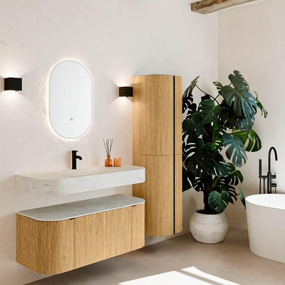 MONDIAZ THOR-DLUX 110cm badmeubel ronding links + rechts kleur Oak met 1 lade en 2 deuren. Vrijhangende wastafel CLOUD Midden 1 kraangat kleur Opalo.