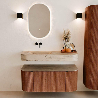 MONDIAZ THOR-DLUX 110cm meuble de salle de bains arrondi gauche + droite couleur Ruby avec 1 tiroir et 2 portes. Vasque suspendue CLOUD gauche sans trou de robinet couleur Arena.