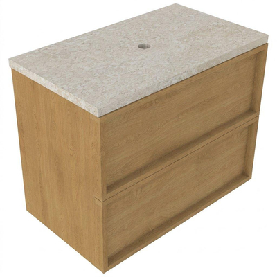Saniclass Holz Frame Ensemble de meubles de salle de bains - 80x45x63cm - Plan de travail en pierre naturelle travertin - sans trou de robinet - 2 tiroirs - chêne natural mat (bois)
