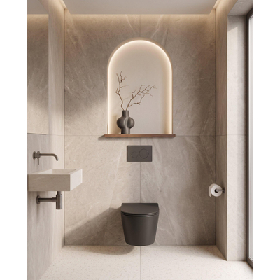 QeramiQ Dely Toiletset - 36.3x51.7cm - diepspoel - rimless - Geberit UP320 inbouwreservoir - softclose toilet zitting - 35mm - bedieningsplaat mat antraciet - ronde knoppen - mat zwart