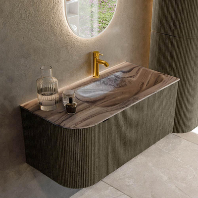 MONDIAZ KURVE-DLUX meuble de salle de bains 95cm arrondi gauche couleur Shadow avec 1 tiroir et 1 porte. Lavabo BIG SMALL droit 1 trou de robinet Sombra.