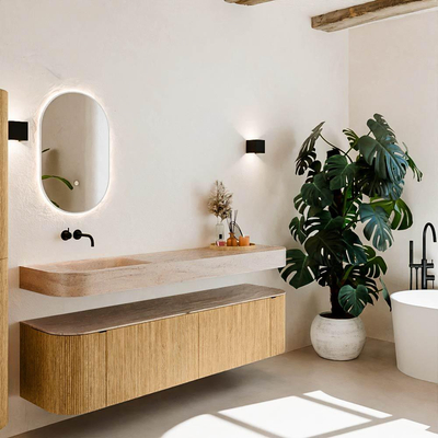 MONDIAZ THOR-DLUX 180cm meuble de salle de bains arrondi gauche + droite couleur Chêne avec 2 tiroirs et 2 portes. Vasque suspendue CLOUD Gauche sans trou de robinet couleur Saba.