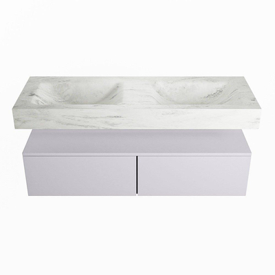 Mondiaz ALAN-DLUX Ensemble de meuble - 130cm - meuble Cale mat - 2 tiroirs - Lavabo Cloud Opalo suspendu - vasque Gauche et droite - 0 trous de robinet