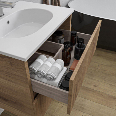 Adema Chaci Ensemble meuble de salle de bains - 60x46x57cm - 1 vasque ovale en céramique blanche - 1 trou pour robinet - 2 tiroirs - cannelle