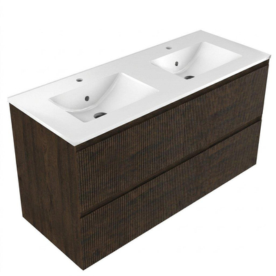 Saniclass Holz Atelier Ensemble de meubles de salle de bains - 120x45x62cm - lavabo Vygo en céramique blanc - 2 vasques - 2 trous de robinet - 2 tiroirs - chêne charcoal mat (bois)