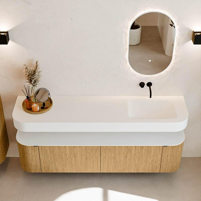 MONDIAZ THOR Meuble de salle de bains 180cm arrondi gauche + droite couleur Oak avec 2 tiroirs et 2 portes. Vasque suspendue CLOUD Droite sans trou de robinet couleur Talc.