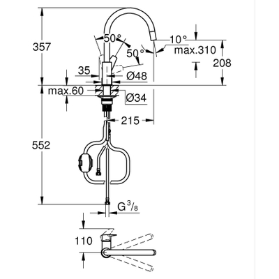 Grohe Start Edge Robinet de cuisine - 1 trou - bec haut orientable extensible - saillie 21,5 cm - levier fermé - chromé