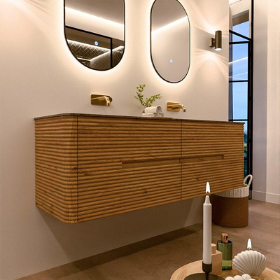 Mondiaz CIRO-DLUX Meuble de salle de bains - 150x45x50cm - lavabo en solid surface Oza - 2 vasques double - sans trous de robinetterie - 4 tiroirs - Chêne