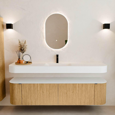 MONDIAZ THOR 180cm meuble de salle de bains arrondi gauche + droite couleur Oak avec 2 tiroirs et 2 portes. Vasque suspendue CLOUD Milieu 1 trou de robinet couleur Talc.