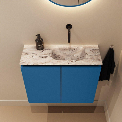 MONDIAZ TURE-DLUX Meuble toilette - 60cm - Jeans - EDEN - vasque Glace - position droite - sans trou de robinet