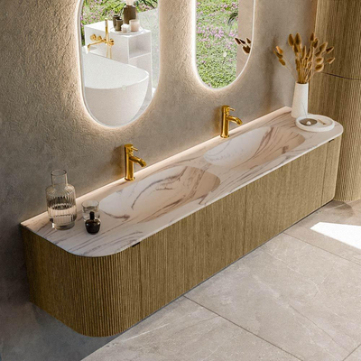MONDIAZ KURVE-DLUX 190cm meuble de salle de bains arrondi Gauche + Droite couleur Dusk avec 2 tiroirs et 2 portes. Lavabo STOR SMALL Double 2 trous de robinet Nata.