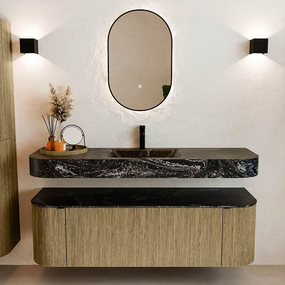 MONDIAZ THOR-DLUX 150cm meuble de salle de bains arrondi gauche + droite couleur Dusk avec 1 tiroir et 2 portes. Vasque suspendue CLOUD Milieu 1 trou de robinet couleur Lava.