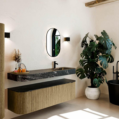 MONDIAZ THOR-DLUX Meuble de salle de bains - 160cm - arrondi gauche + droite - couleur Dusk - 1 tiroir et 2 portes - Vasque suspendue CLOUD droite 1 trou de robinet - couleur Lava