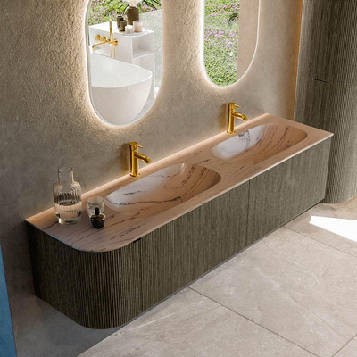 MONDIAZ KURVE-DLUX Meuble de salle de bains 175cm arrondi à gauche couleur Shadow avec 2 tiroirs et 1 porte. Lavabo STOR SMALL Double / Droite 2 trous de robinet Arena.