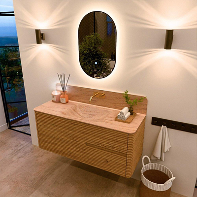 Mondiaz CIRO-DLUX Ensemble de meubles de salle de bains - 120x45x50cm - Plan vasque solid surface Saba - 1 vasque au milieu - sans trous de robinetterie - 2 tiroirs - Chêne
