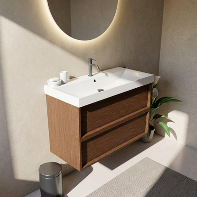 Saniclass Holz Frame Ensemble meuble de salle de bains - 100x45x67.5cm - lavabo Wave en céramique - 1 vasque - 1 trou de robinetterie - 2 tiroirs - noyer pur mat (bois)